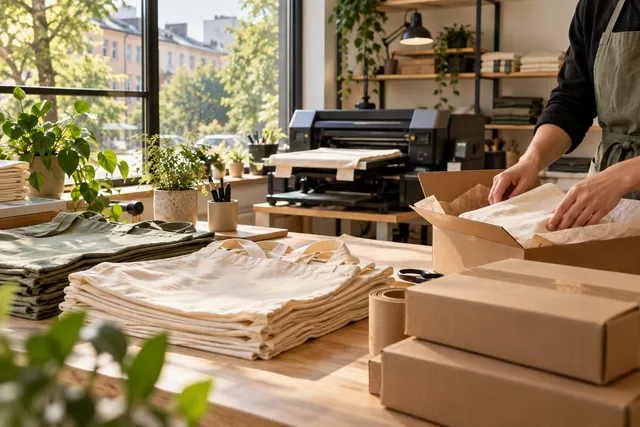 Småskalig lokal tryckverkstad med tygkassar och plagg på väg att packas